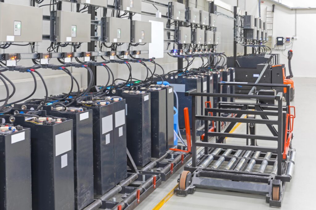 large supply of batteries waiting to be leased