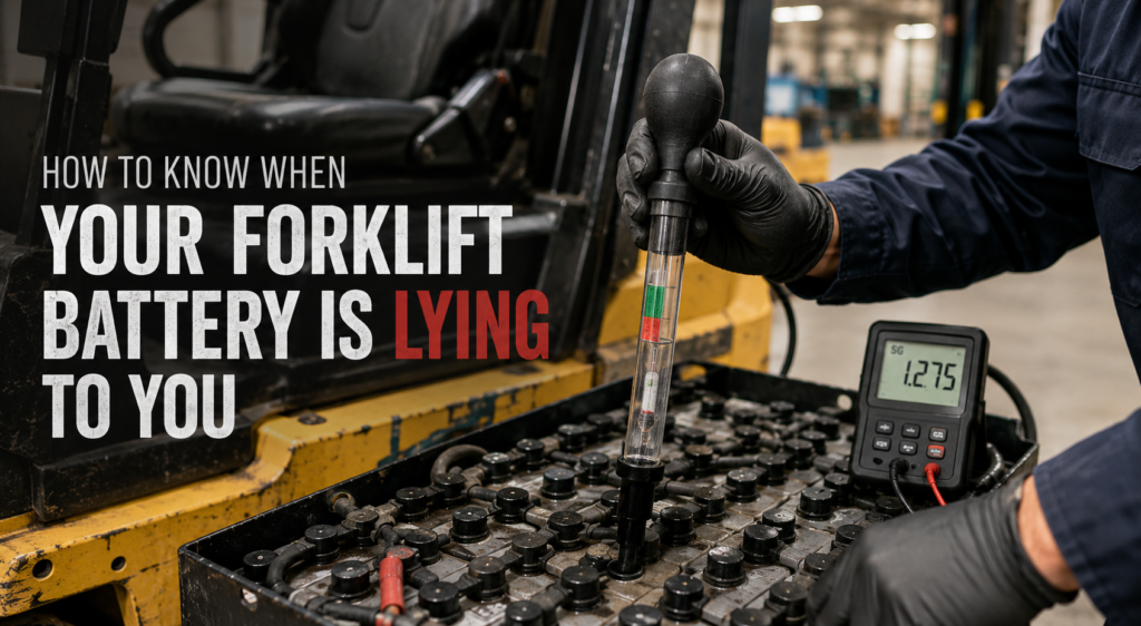 Technician testing a forklift battery with a hydrometer and battery diagnostic meter inside a warehouse to assess battery health beyond voltage readings.
