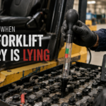 Technician testing a forklift battery with a hydrometer and battery diagnostic meter inside a warehouse to assess battery health beyond voltage readings.