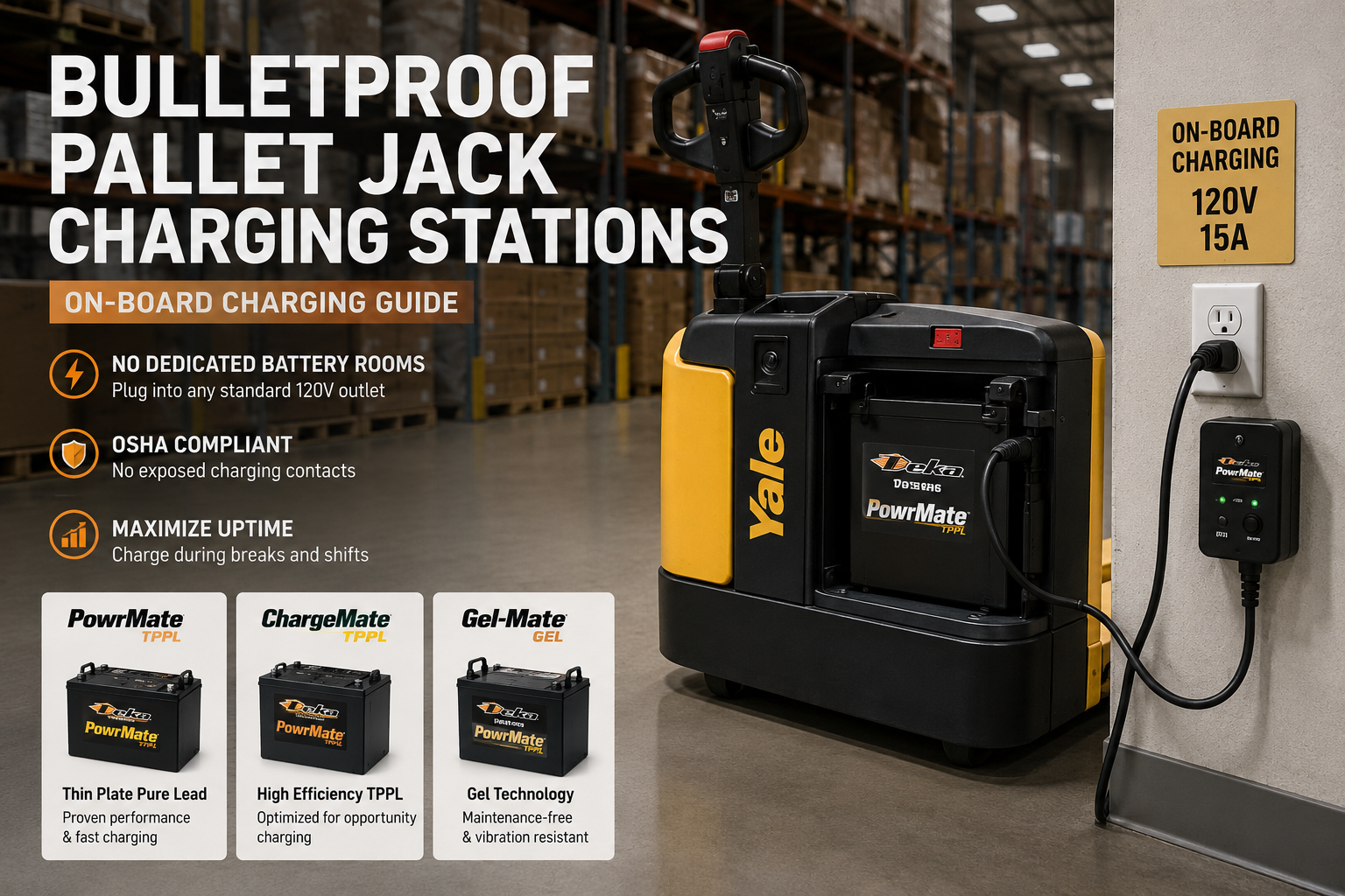 Electric pallet jack with an integrated on-board battery charger plugged into a standard 120V wall outlet inside a modern warehouse, demonstrating distributed charging without a dedicated battery room.