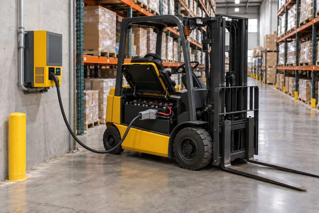 An electric forklift parked in a warehouse aisle with its battery compartment open, connected to a wall-mounted charger by an industrial battery connector.