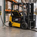 An electric forklift parked in a warehouse aisle with its battery compartment open, connected to a wall-mounted charger by an industrial battery connector.