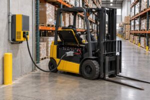 An electric forklift parked in a warehouse aisle with its battery compartment open, connected to a wall-mounted charger by an industrial battery connector.