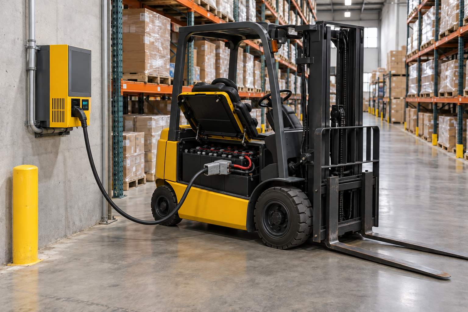 An electric forklift parked in a warehouse aisle with its battery compartment open, connected to a wall-mounted charger by an industrial battery connector.